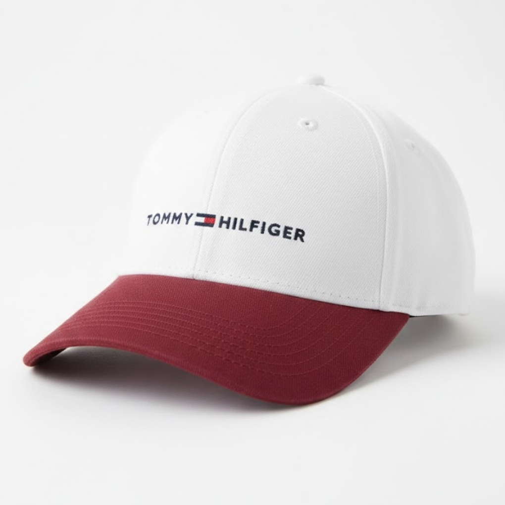 Tommy Hilfiger Established Baseball Cap –White Crown & Burgundy Brim